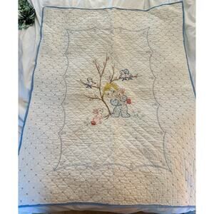 Vtg Antique Hand Stitched Baby Quilt Baby Bunnies Birds 32x42” Estate 1940's